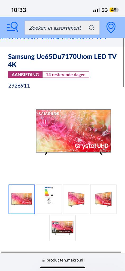 Samsung 65 inch UE65DU7170Uxxn LED TV 4K - Zo goed als nieuw, Ophalen, LED, 50 Hz, Zo goed als nieuw