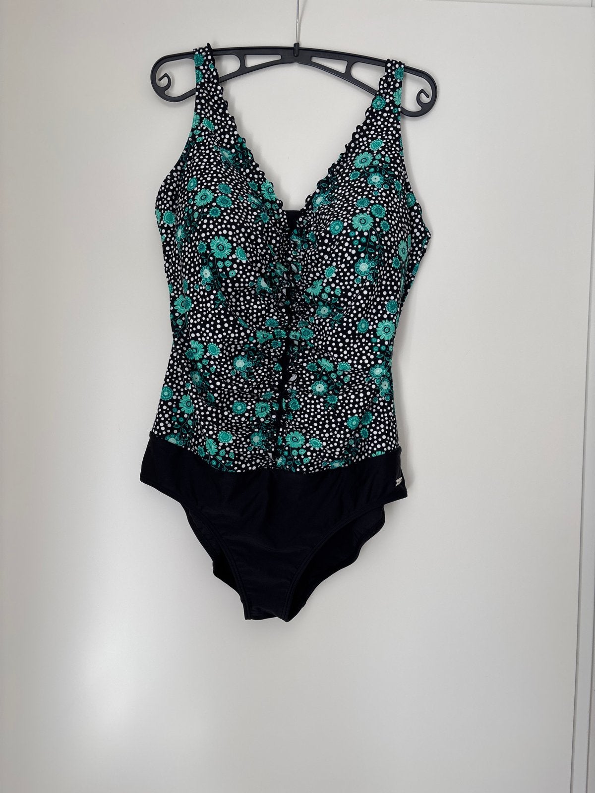 Lascana Badpak Zwart met Groene Bloemen en Witte Stippen, Kleding | Dames, Badmode en Zwemkleding, Zo goed als nieuw, Badpak, Overige kleuren