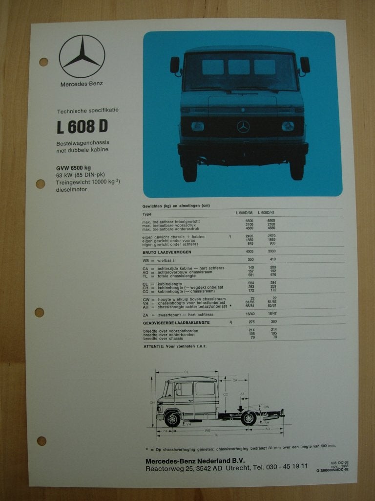 Mercedes 608 D Technische Specificatie folder 1983 DCZ 608D, Zo goed als nieuw, Mercedes-Benz, Mercedes, Ophalen of Verzenden