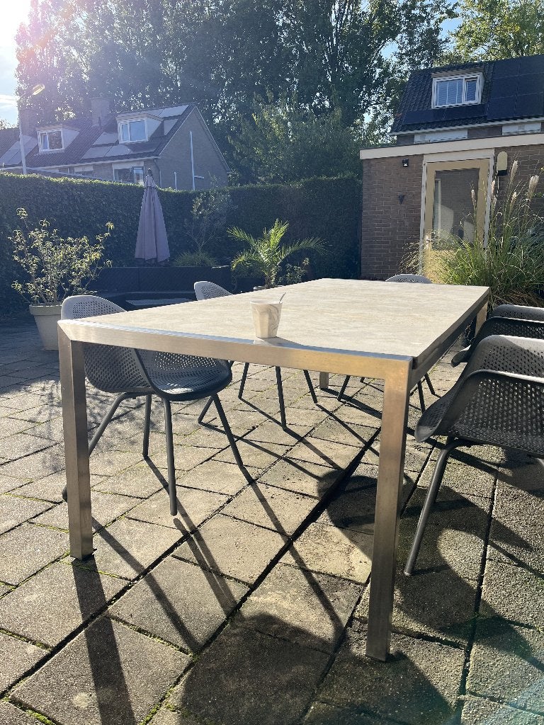 Tuintafel met RVS frame en HARDSTENEN blad., Tuin en Terras, Ophalen, Gebruikt, Rechthoekig, Rvs