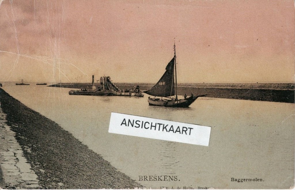 Ansichtkaart Breskens - Baggermolen - tulpkaart scheepvaart, Verzamelen, Ansichtkaarten | Nederland, Verzenden, Voor 1920, Gelopen