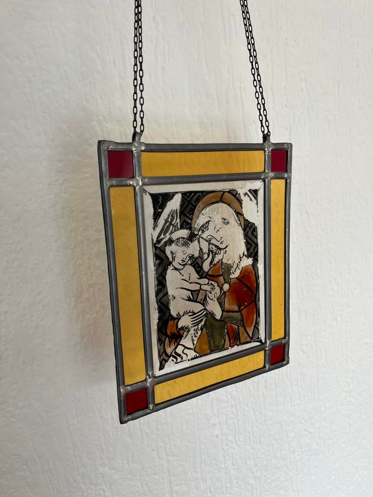 Glas in lood raamhanger met religieuze afbeelding, Antiek en Kunst, Ophalen of Verzenden