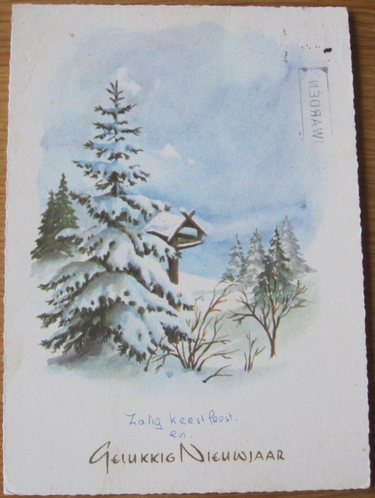 Gelukkig nieuwjaar - vogelhuisje bij besneeuwde den - 1967, Verzamelen, Ophalen of Verzenden, 1960 tot 1980, Gelopen, Overige thema's