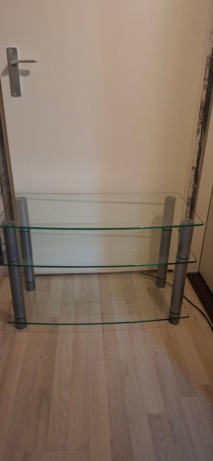 glazen tv tafel audio tafel bijzettafel grijs chromen poten, Ophalen, 50 tot 100 cm, Zo goed als nieuw, Minder dan 100 cm