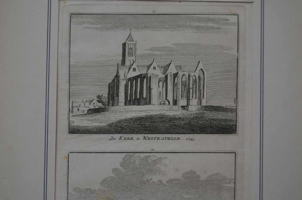 Klein dubbeletsje Westkapelle/Domburg 1743, Ophalen of Verzenden, Stadsgezicht, Ets, 1700 - 1799