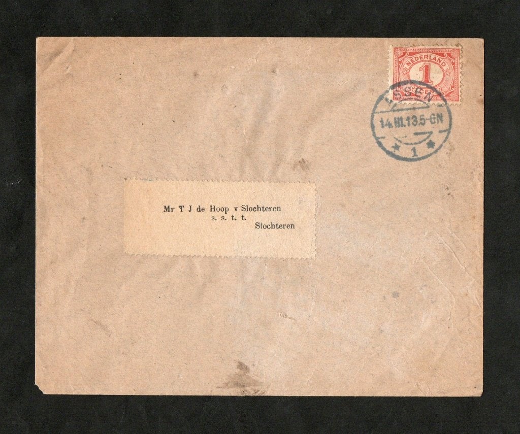 Enveloppe T.J. de Hoop van Slochteren te Slochteren 1913., Ophalen of Verzenden, Zo goed als nieuw