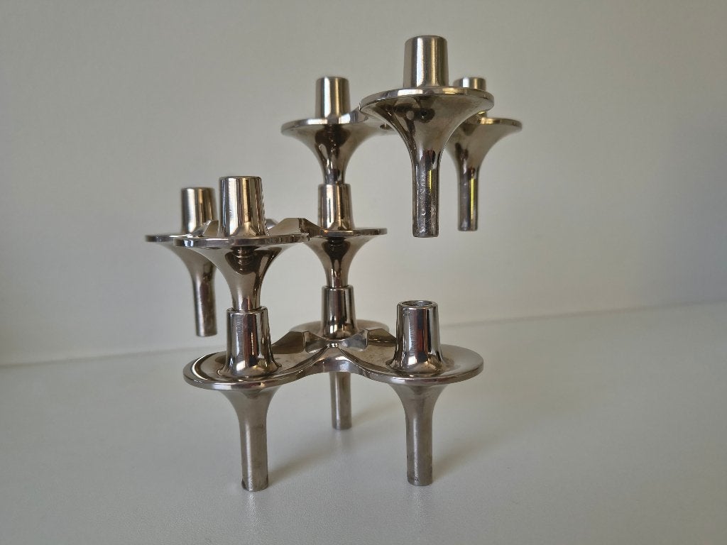 Vintage modulaire kandelaar, zilverkleurig metaal, Gebruikt, Overige merken, Ophalen of Verzenden, Metaal