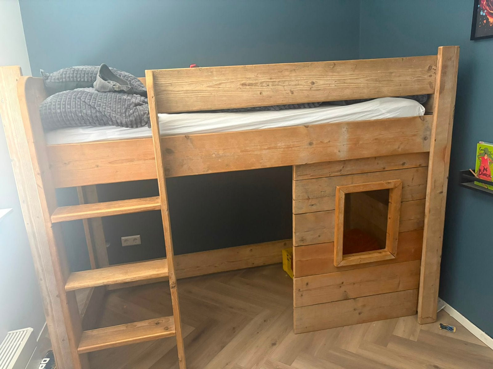 Hoogslaper hout met trap steigerhout, Ophalen, Gebruikt, Eenpersoons, 90 cm