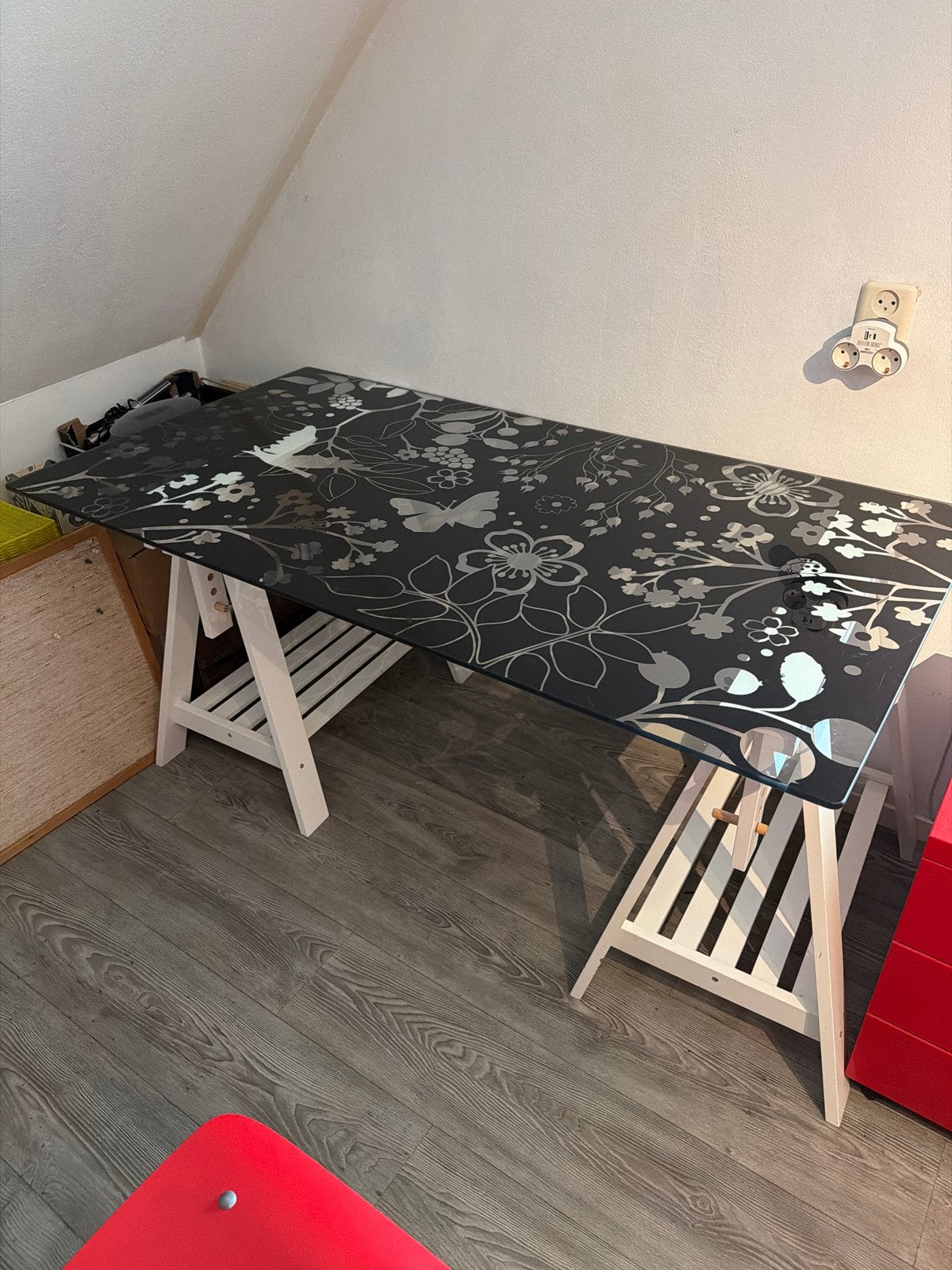 IKEA Glazen Tafelblad met Bloemmotief & Schragen, Ophalen, Gebruikt, In hoogte verstelbaar, IKEA