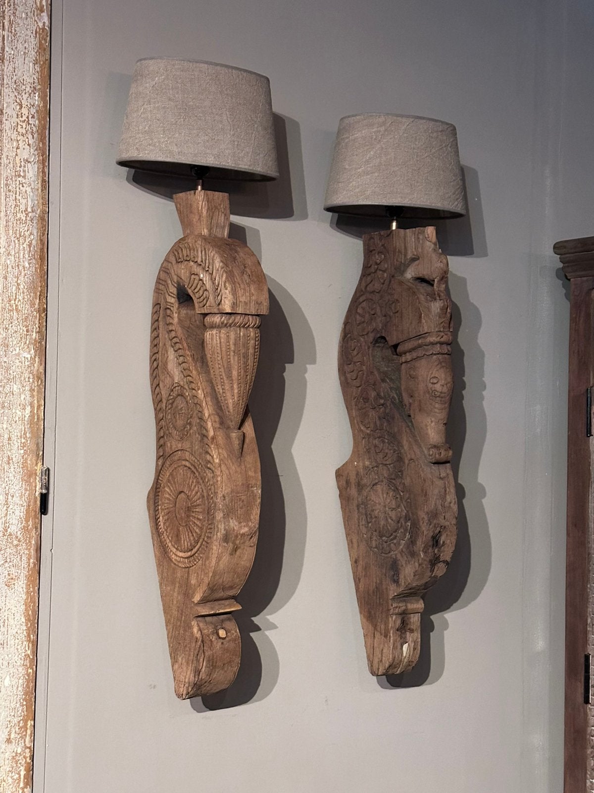 Wandlamp oud ornament uit india met ovale linnenkap, Ophalen of Verzenden