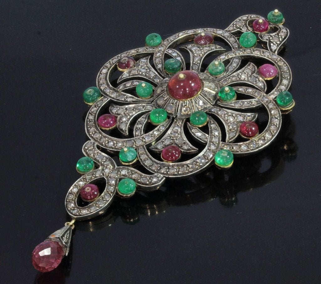 Zeldzame diamanten robijn smaragd 14k hanger goud antiek, Ophalen of Verzenden, Goud, Hanger, Met edelsteen