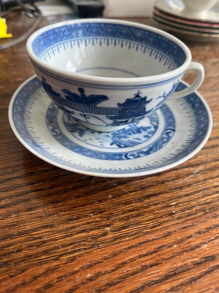 Vintage Chinees porseleinen kop en schotel, blauw-wit, Ophalen of Verzenden