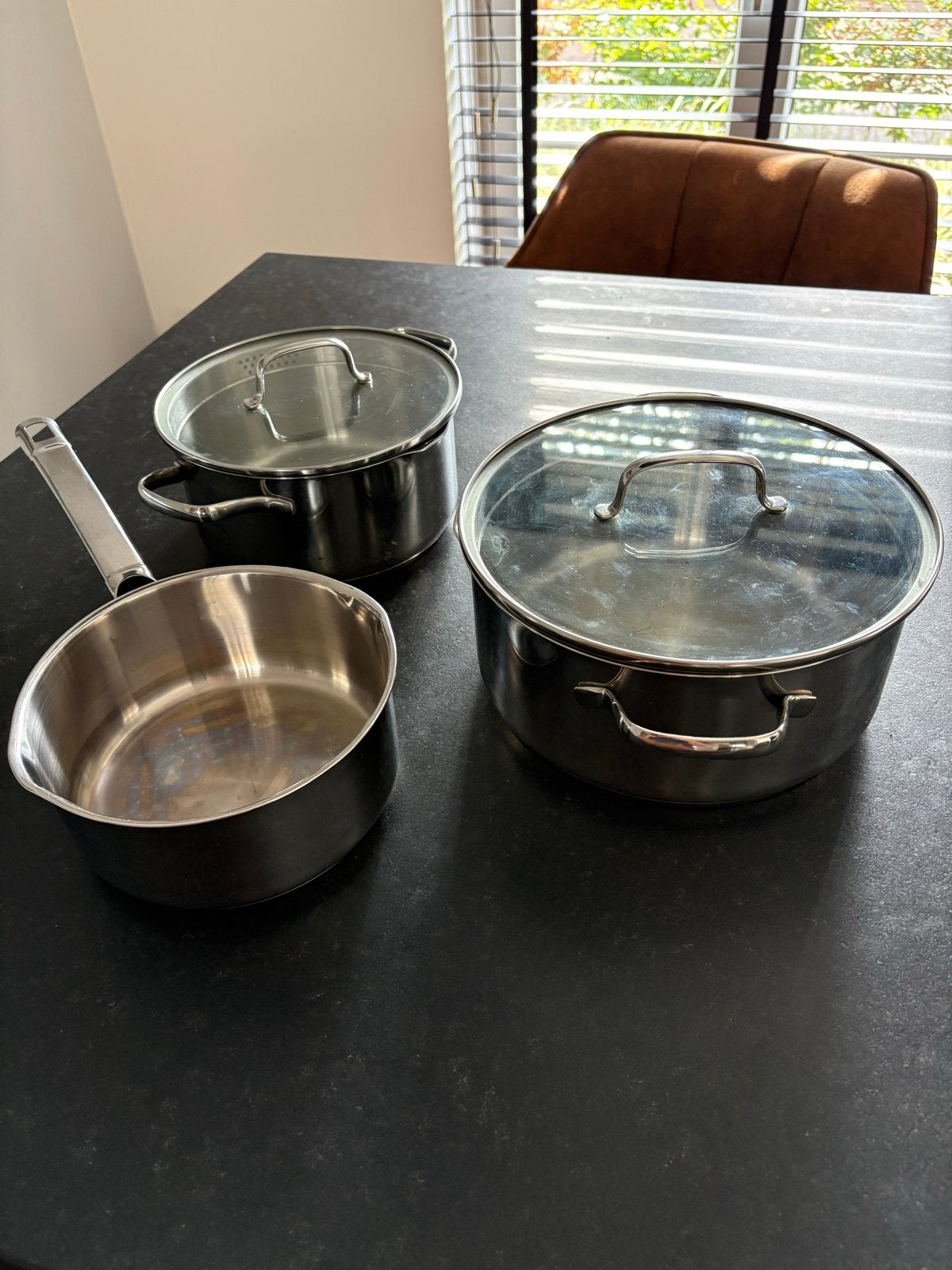 Masterchef pannenset (3 stuks) met deksels, Gebruikt, Met deksel, Pannenset, Ophalen of Verzenden