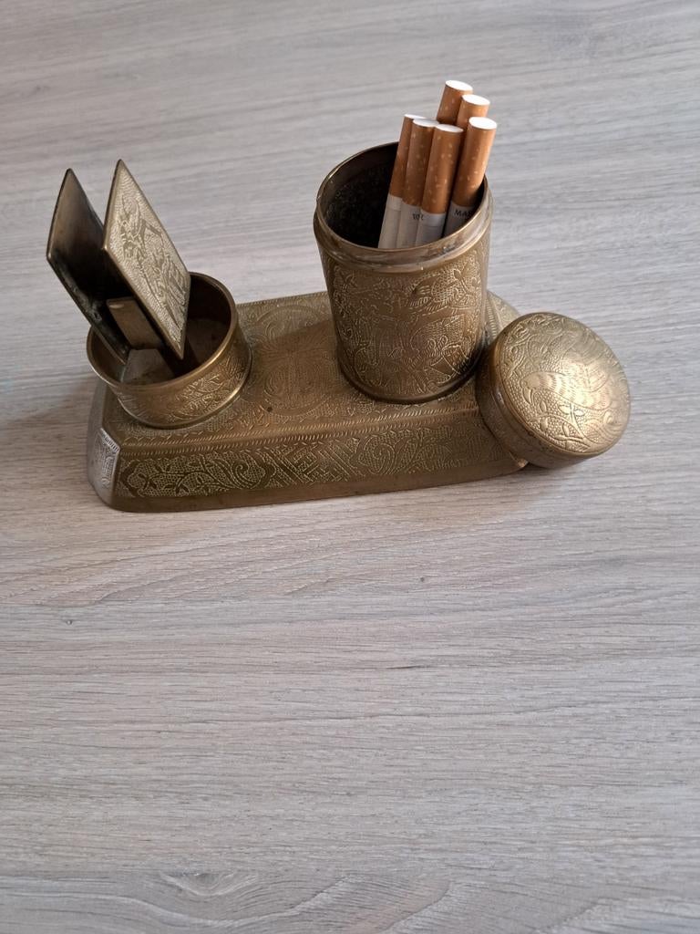 Vintage messing sigarettenhouder en asbak, Antiek en Kunst, Ophalen of Verzenden