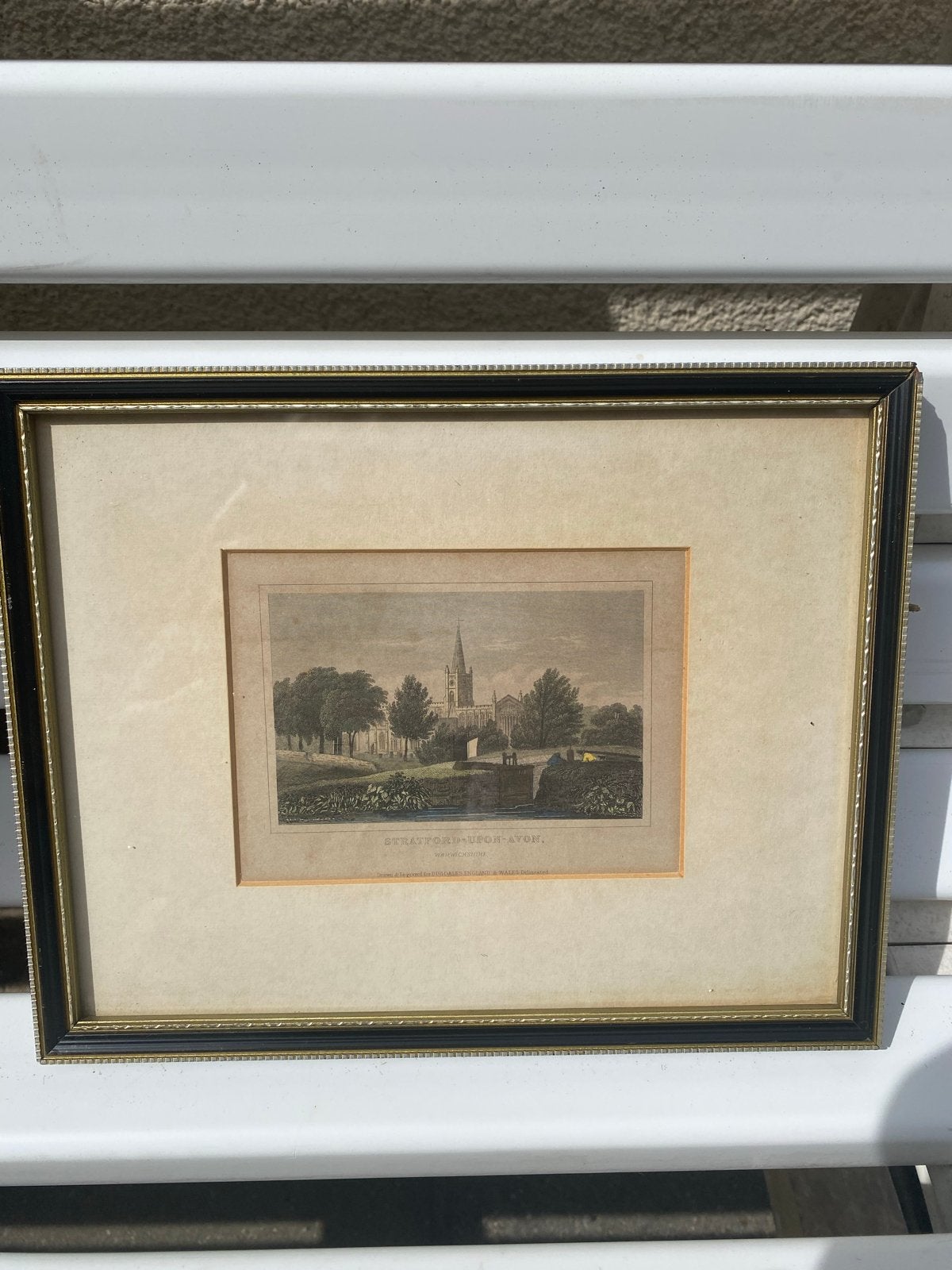 Antieke handgekleurde prent Stratford-upon-Avon, Handgekleurd, 1800 - 1899, Ets, Stadsgezicht