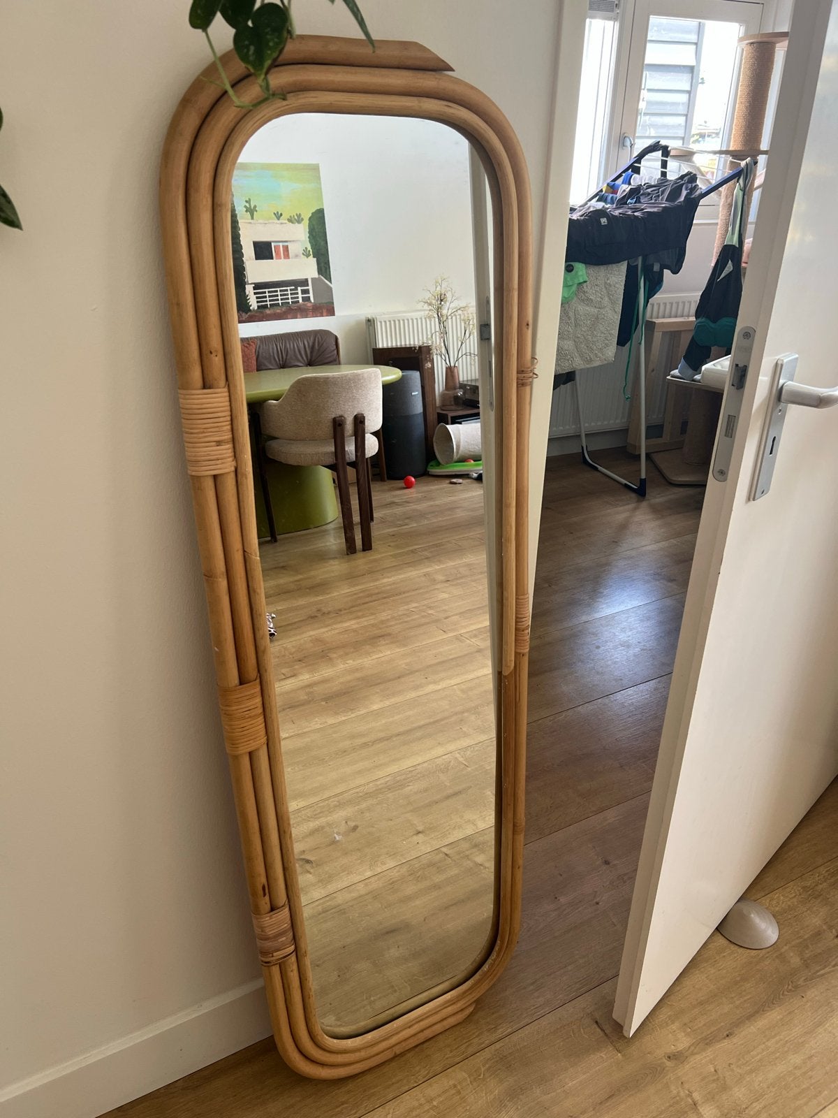 Bamboe Rotan Passpiegel - Boho Stijl spiegel, Huis en Inrichting, Woonaccessoires | Spiegels, Ophalen, Minder dan 50 cm, Gebruikt