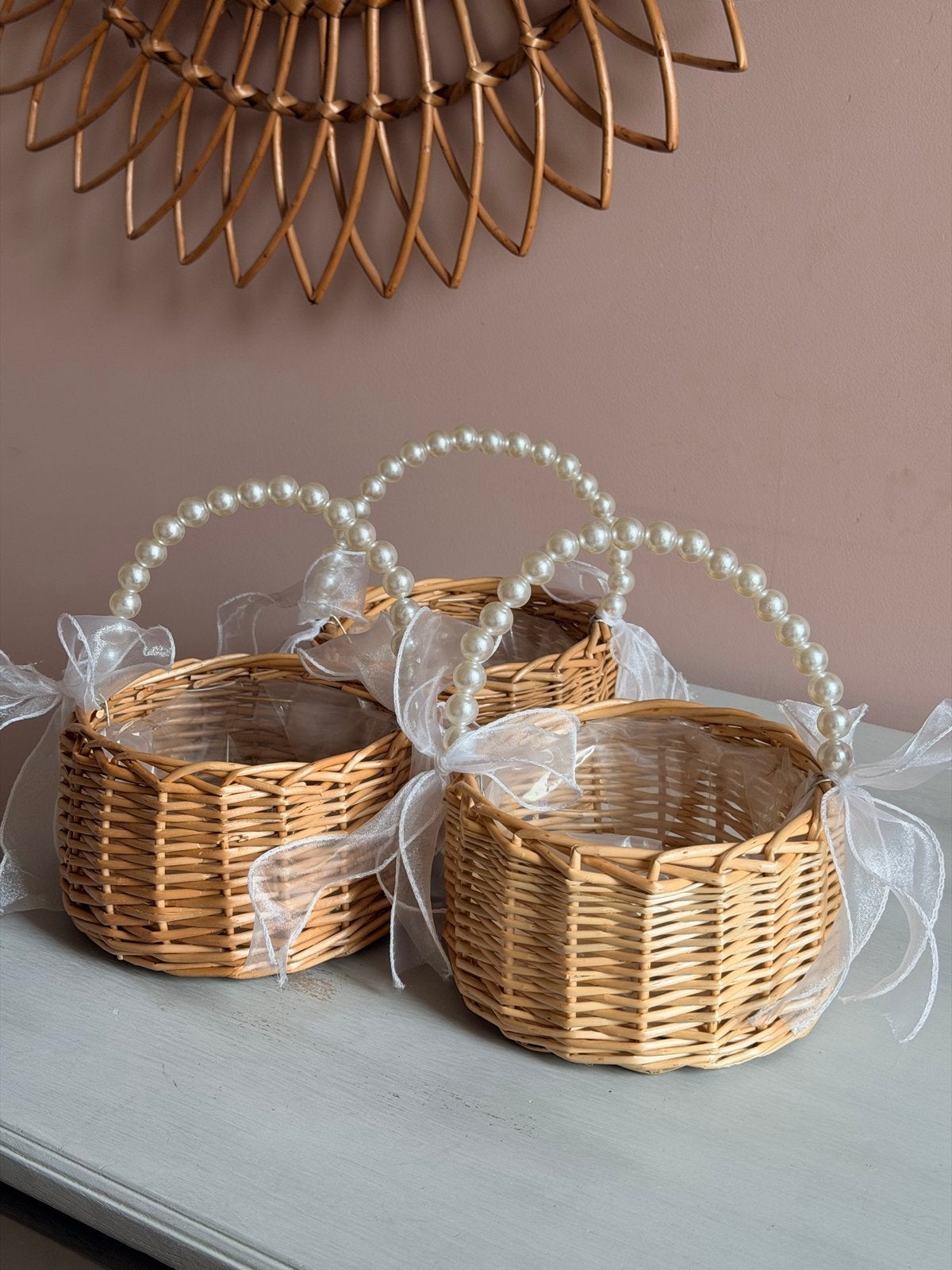 Bloemenmandjes bruiloft - Set van 3 rieten mandjes, Ophalen, Beige, Natuurlijk materiaal, Landelijk