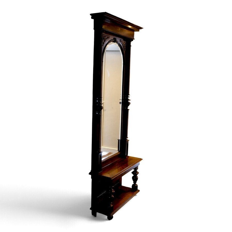 Notenhouten halspiegel, ca. 1900, met console