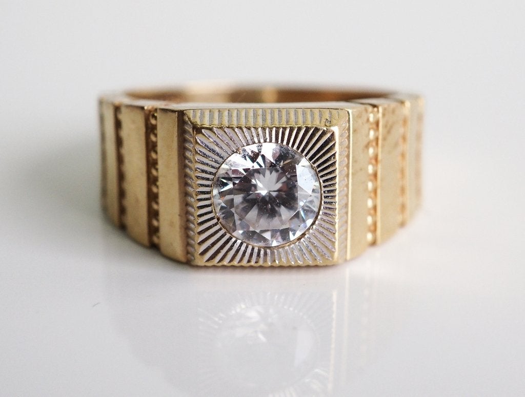 14 krt gouden herenring met zirkonia, ., Heer, Ophalen of Verzenden, Zo goed als nieuw