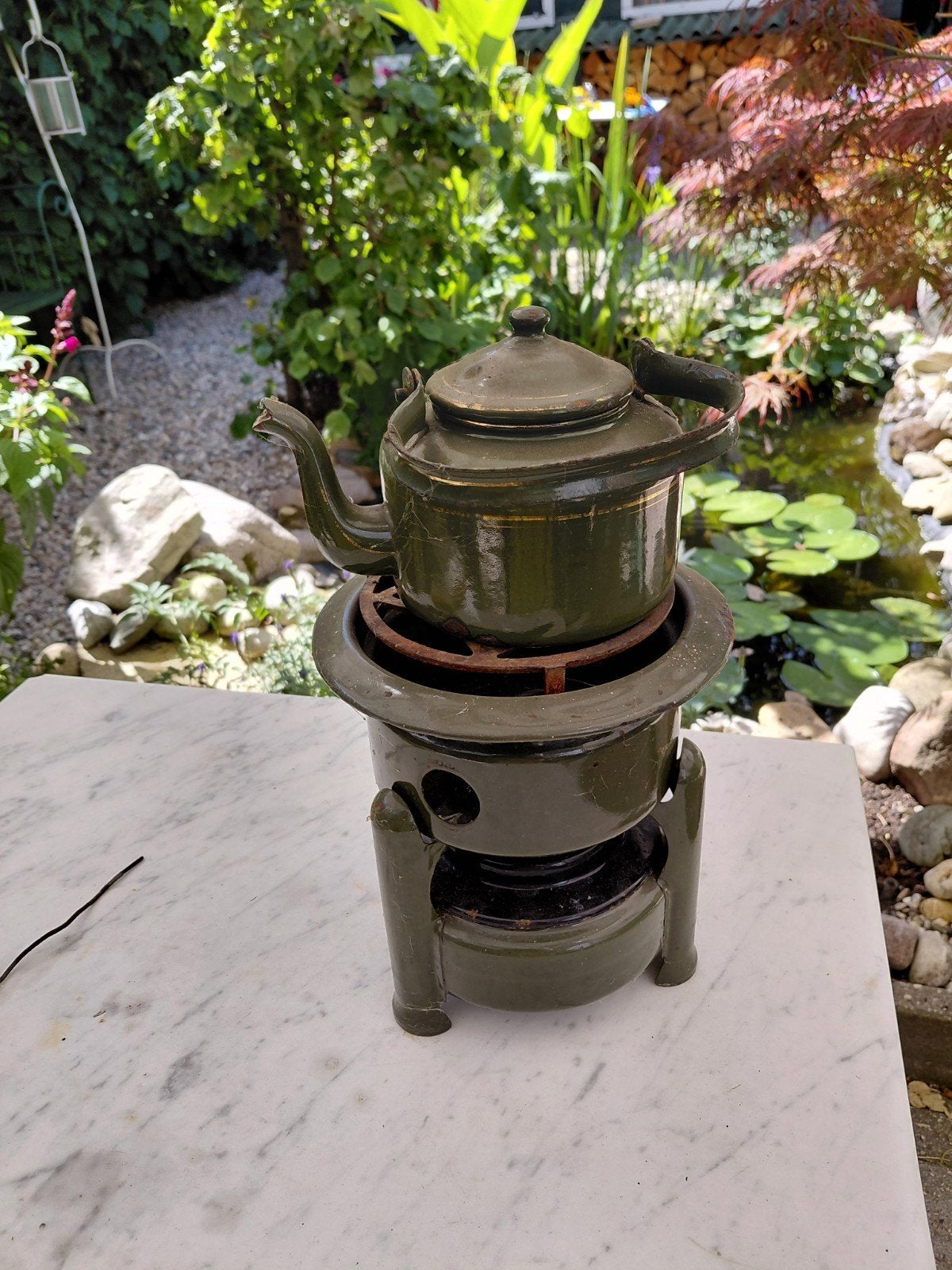 Vintage Groene Emaille Theepot met Spiritusbrander, Ophalen
