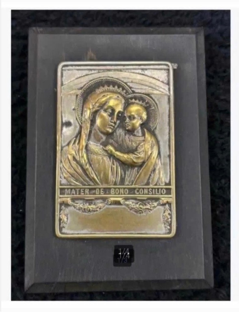 Antiek religie plaquette hout koper Mater de Bono Consilio, Antiek en Kunst, Ophalen of Verzenden
