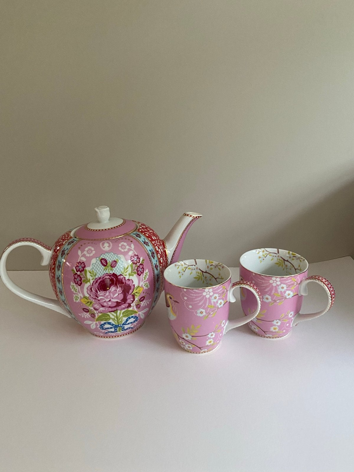 Pip Studio theepot en 2 mokken, roze met bloemmotief, Ophalen, Pip Studio, Zo goed als nieuw, Theepot