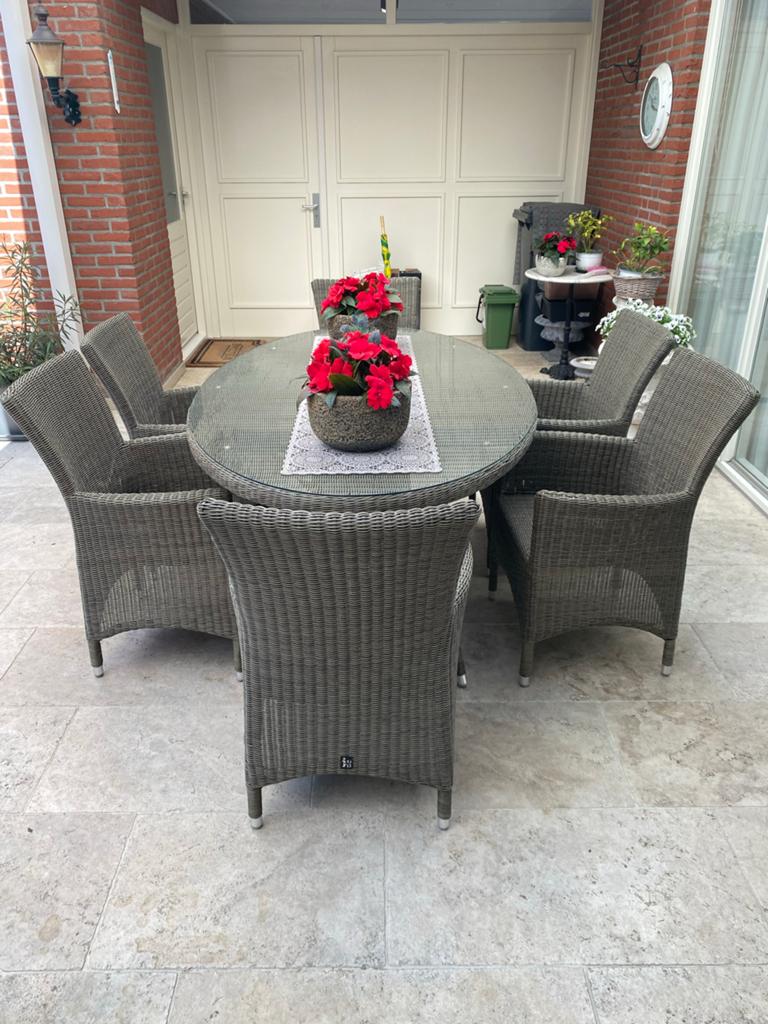 Intratuin Tuinset Bruin/Beige met 6 Stoelen en Glazen Tafel, Ophalen, Gebruikt, Eettafel, 6 zitplaatsen
