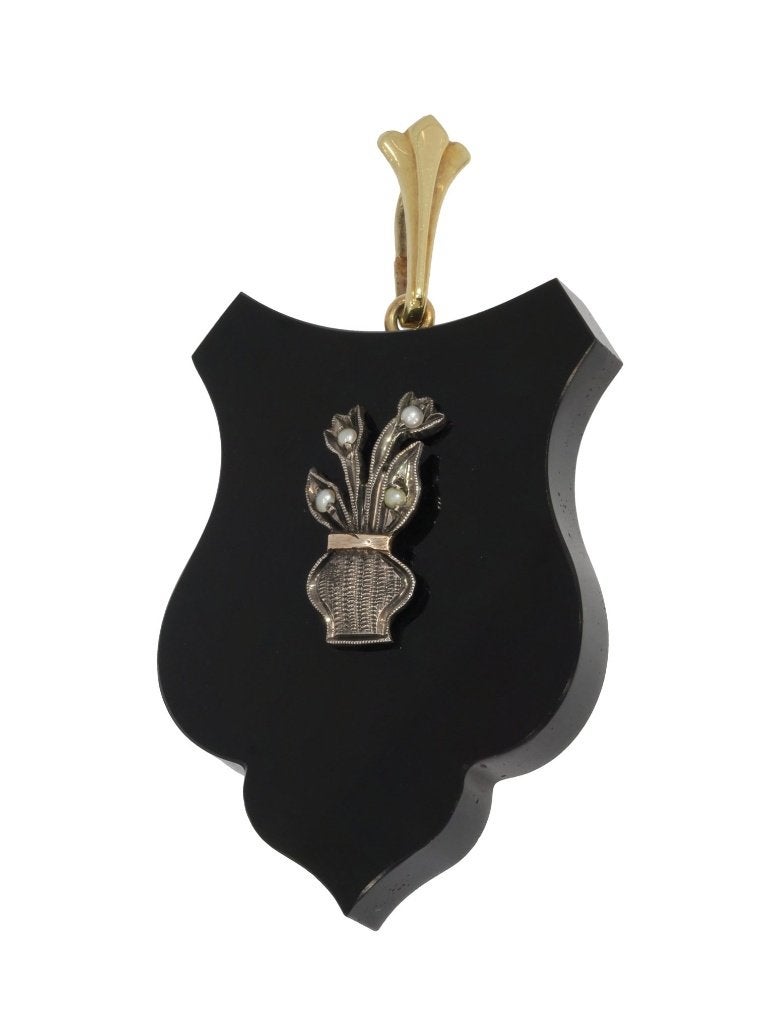 Onyx bloem vaas 14k grote schild hanger ketting goud antiek, Sieraden, Tassen en Uiterlijk, Verzenden, Goud, Hanger, Met edelsteen