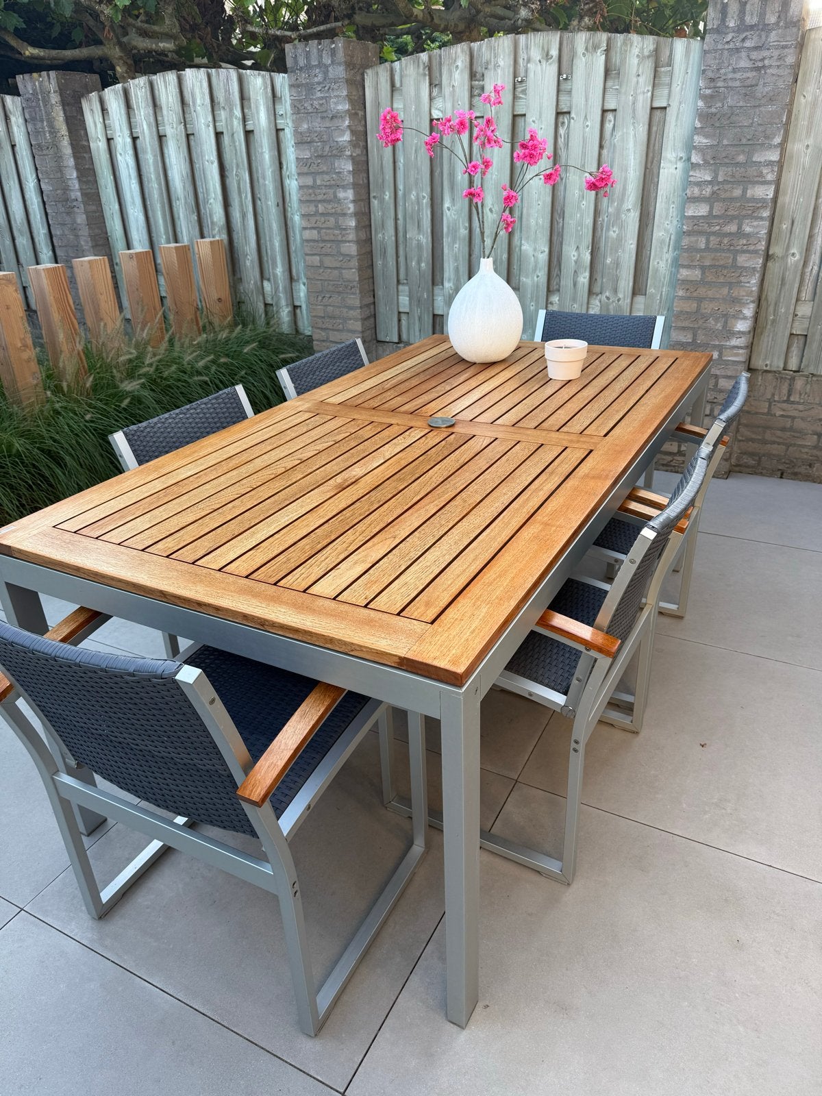Triniti Tuinset met 6 stoelen - Teakhout en Aluminium, Ophalen, Eettafel, 6 zitplaatsen, Aluminium