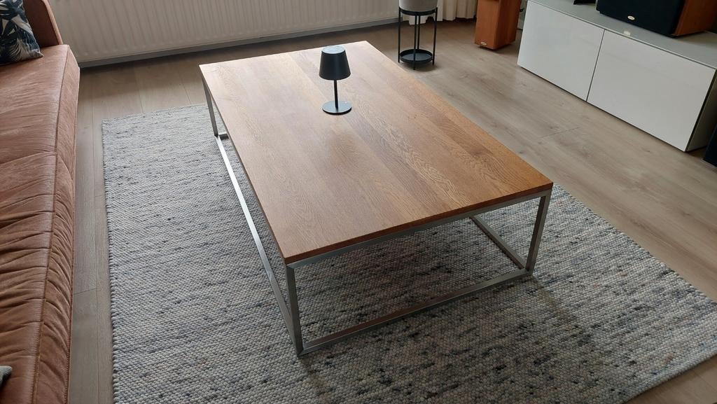 Salon tafel 140x80cm eiken blad rvs onderstel, Ophalen, 100 tot 150 cm, 50 tot 100 cm, Zo goed als nieuw