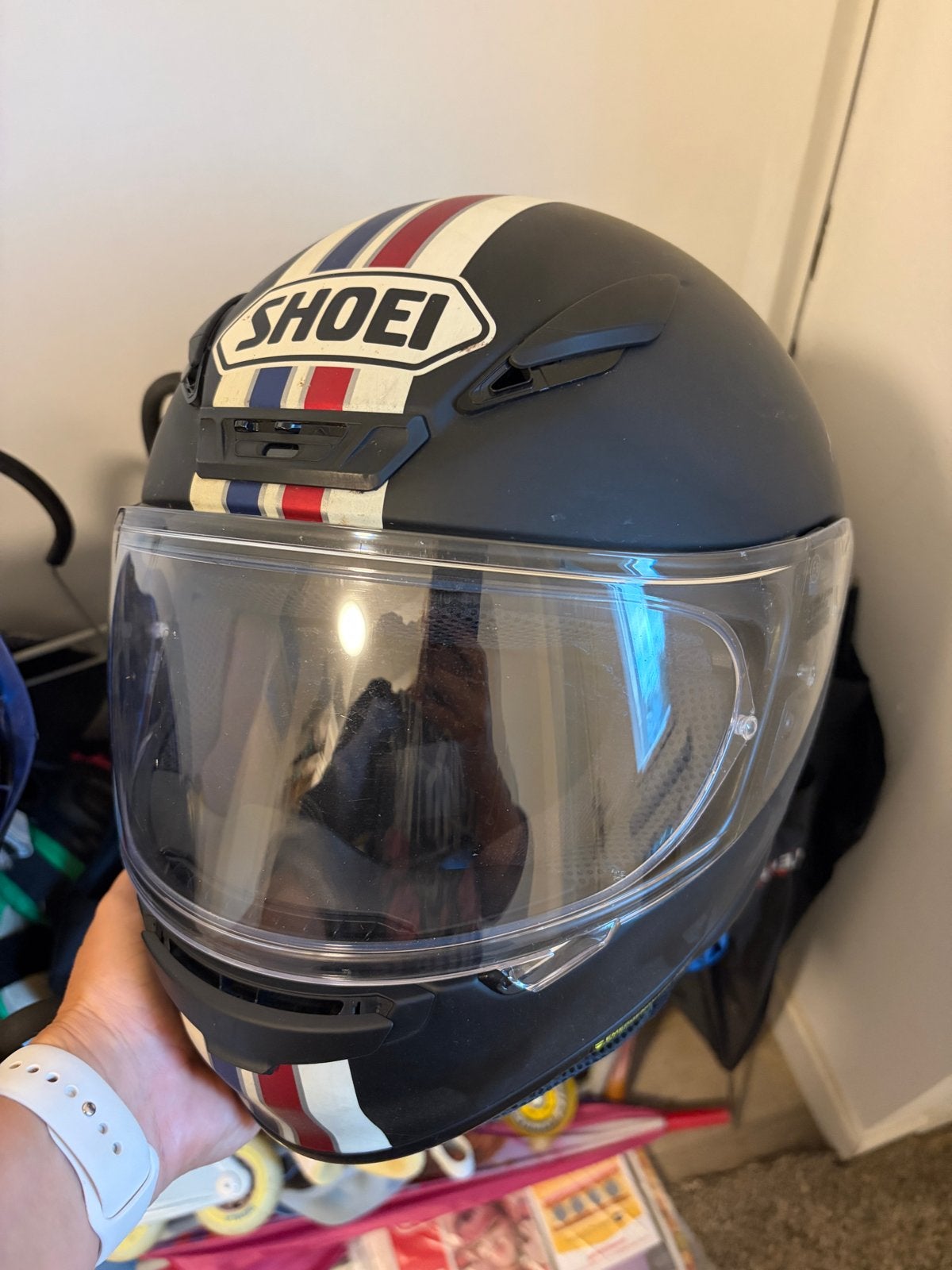 Shoei NXR Integraalhelm - Zwart met strepen, Motoren, Ophalen of Verzenden, Tweedehands, Integraalhelm, Shoei