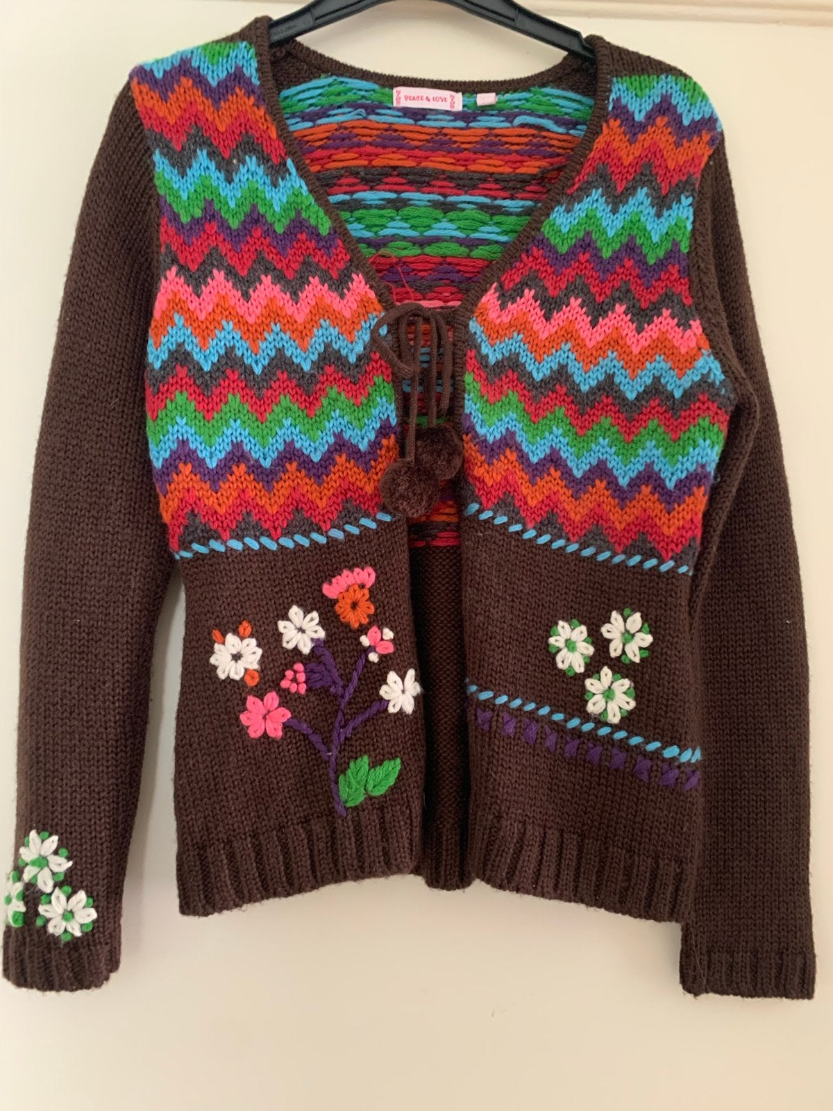 Peace & Love Gebreid Vest met Bloemen en Zigzagpatroon, Kinderen en Baby's, Verzenden, Zo goed als nieuw, Meisje, Trui of Vest