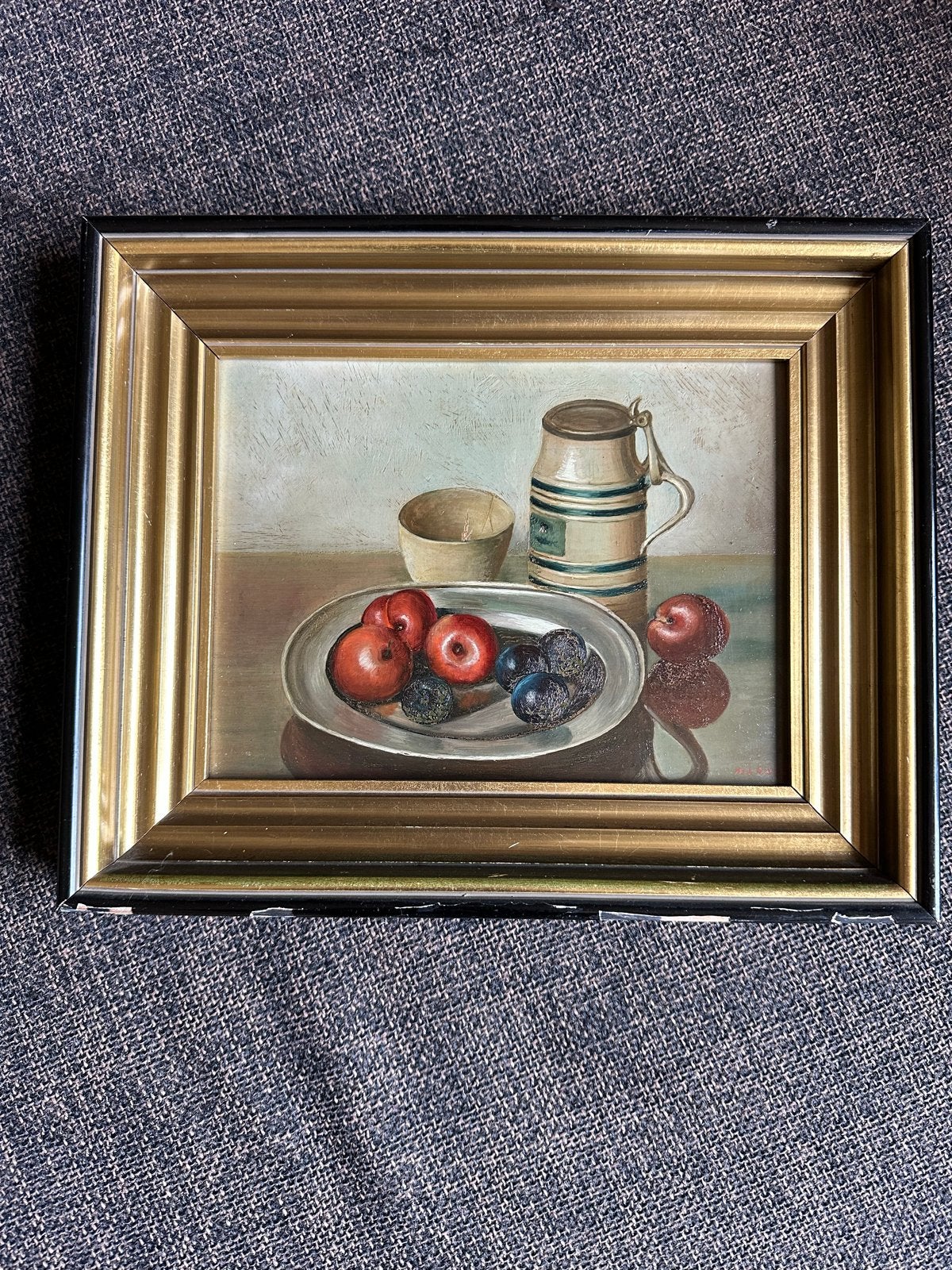 Stilleven met fruit en kruik - Olieverfschilderij, Doek, Stilleven, Ophalen of Verzenden, Gesigneerd