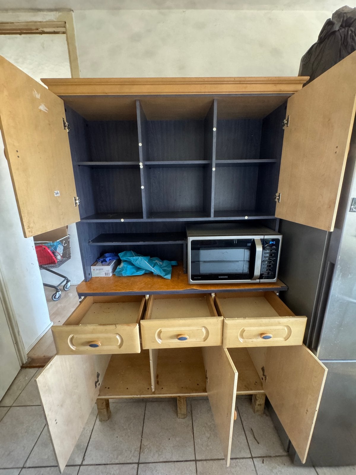 Houten keukenkast met lades en deuren, Huis en Inrichting, Ophalen, Gebruikt, 100 tot 150 cm, Met lade(s)