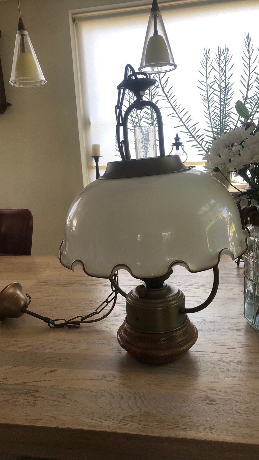 Oude hang petroleumlamp met dimmer diameter kelk 40 cm, Ophalen of Verzenden