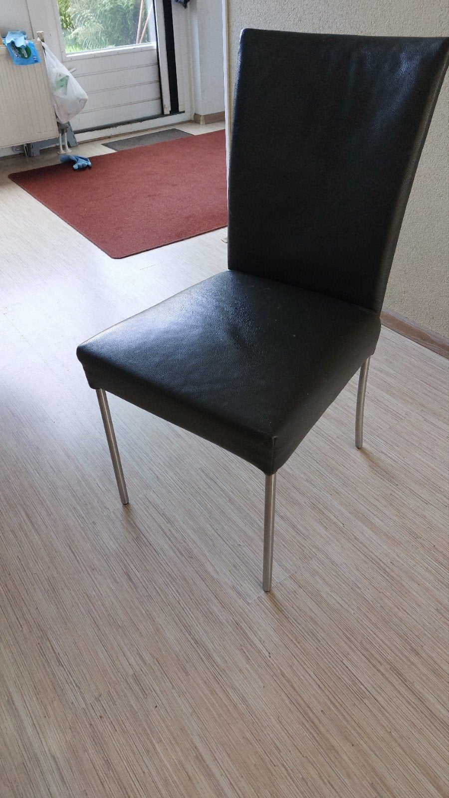 5 donkergrijze lederen stoelen, Huis en Inrichting, Ophalen, Gebruikt, Leer, Grijs