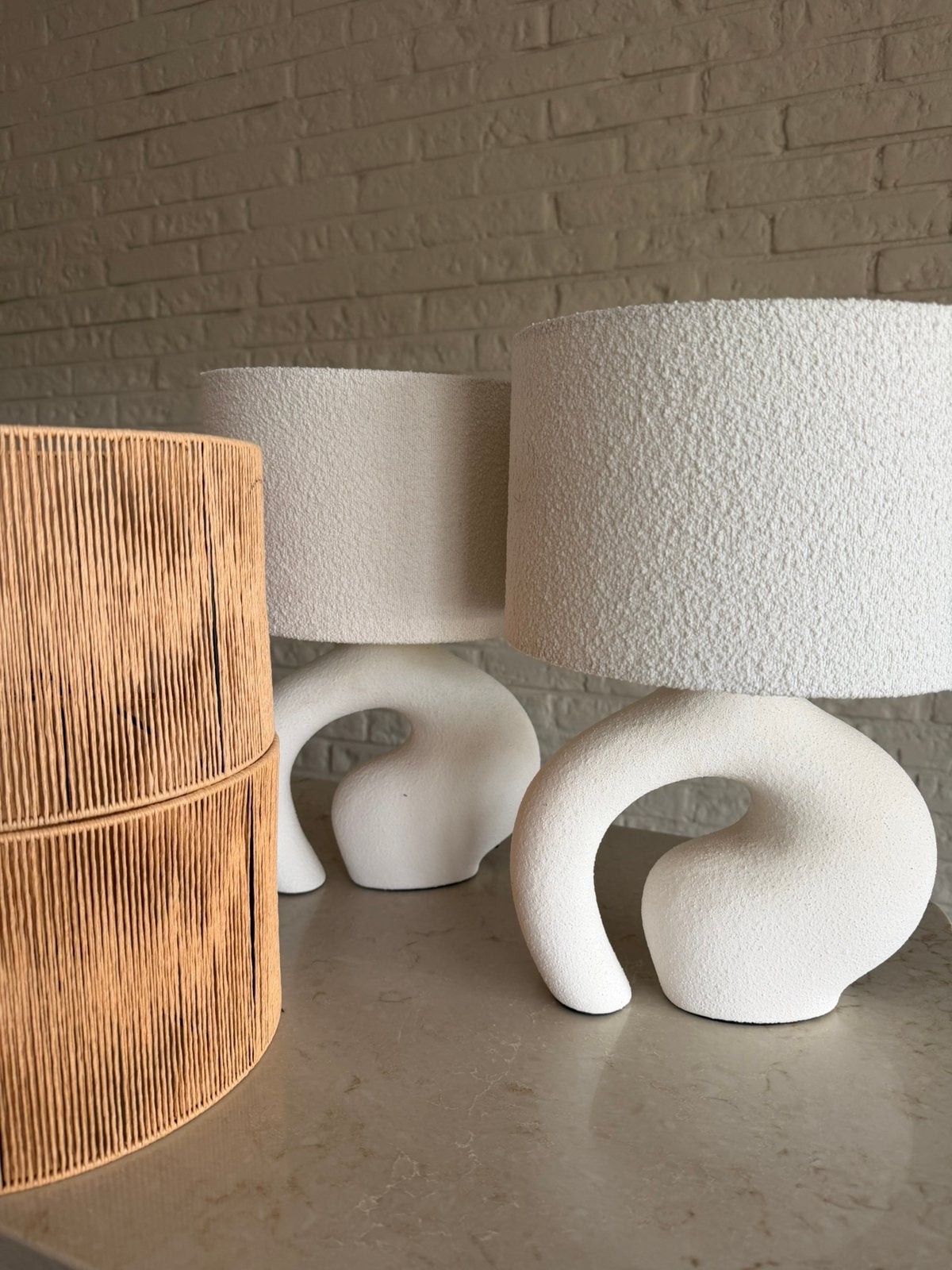 2x Lampenvoet off-white met 4 bijpassende lampenkappen, Overige typen, Keramiek, Met kap, E27 (groot)