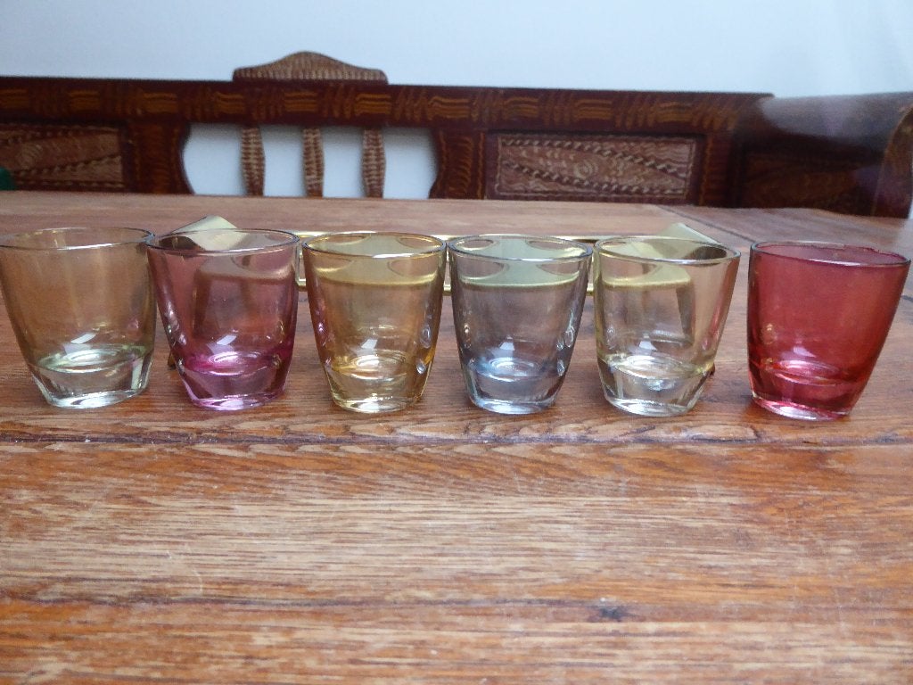 6 vintage borrelglaasjes in houder, Ophalen of Verzenden