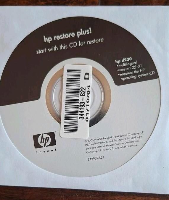 HP Restore Plus CD voor HP d230 (versie 25.01), Ophalen of Verzenden, Gebruikt, Windows