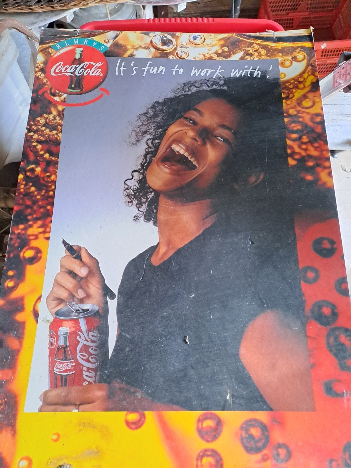 Vintage Coca-Cola Reclamebord - It's fun to work with!, Ophalen of Verzenden