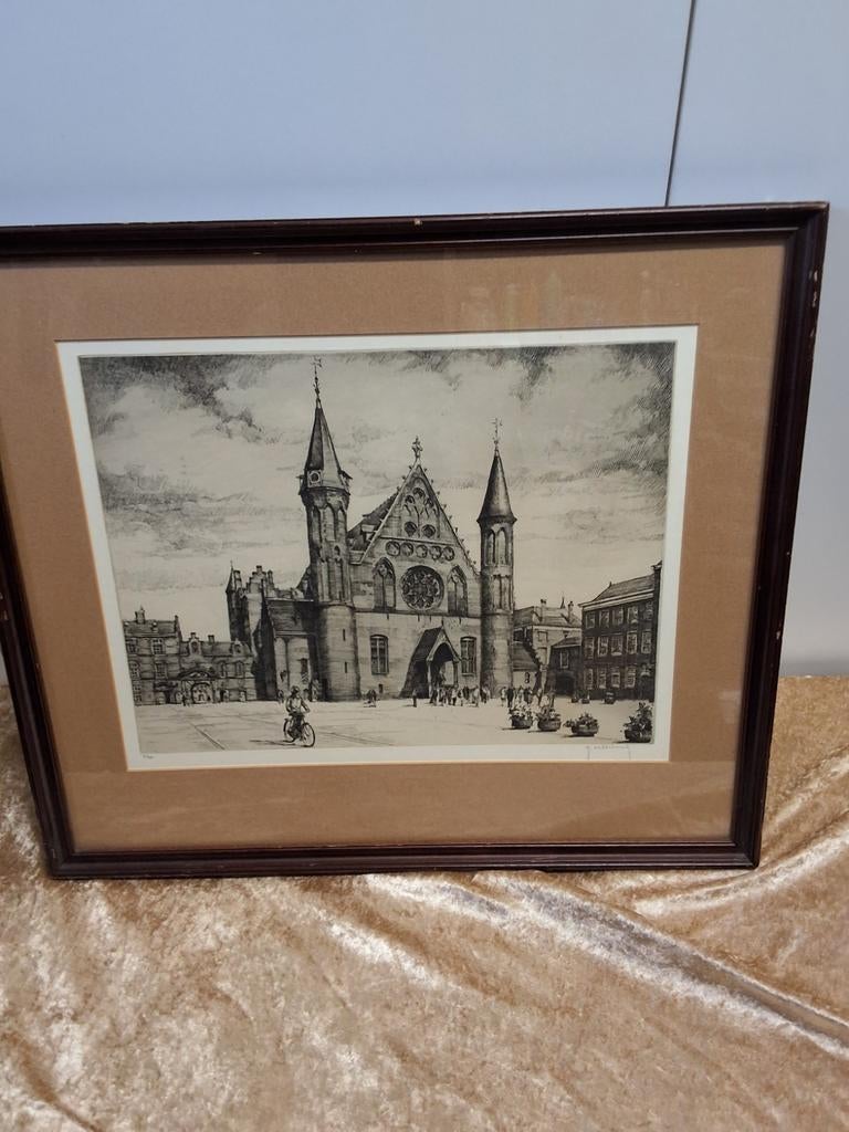 Historische ets van het Binnenhof in Den Haag,gesigneerd, Antiek en Kunst, Ophalen of Verzenden, Stadsgezicht, Ets