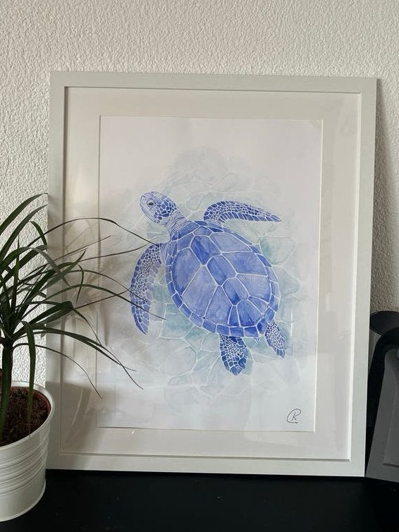 Schilderij van een blauwe zeeschildpad in aquarel, Ophalen, Realistisch, Dieren, Handgeschilderd