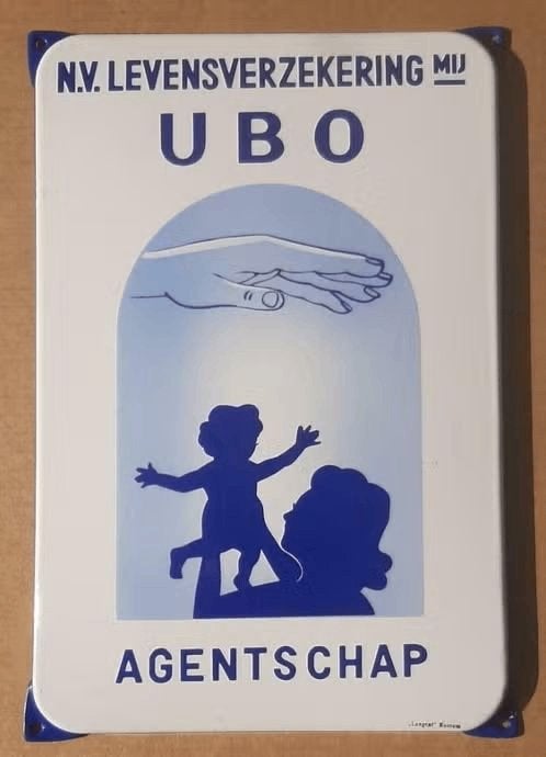 Origineel antiek emaille reclamebord - UBO Levensverzekering, Ophalen of Verzenden, Gebruikt, Reclamebord