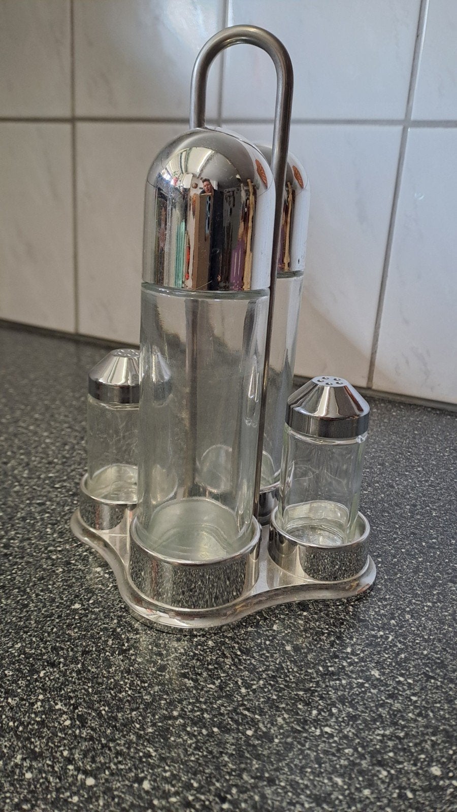 Stoha Design Olie en Azijnstel met Zout- en Pepervaatjes, Zilver, Ophalen of Verzenden, Onbekend, Made in Germany, Metaal