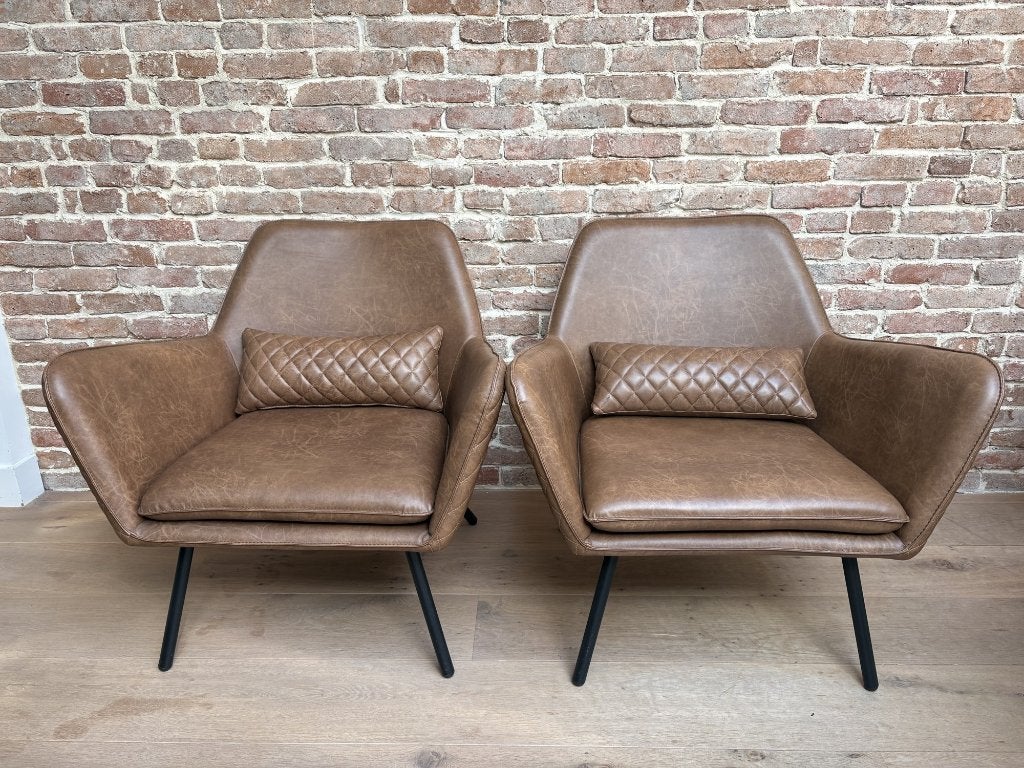 WOOOD fauteuils cognac set van 2 gecapitonneerd, Ophalen, Minder dan 75 cm, Zo goed als nieuw, Stof