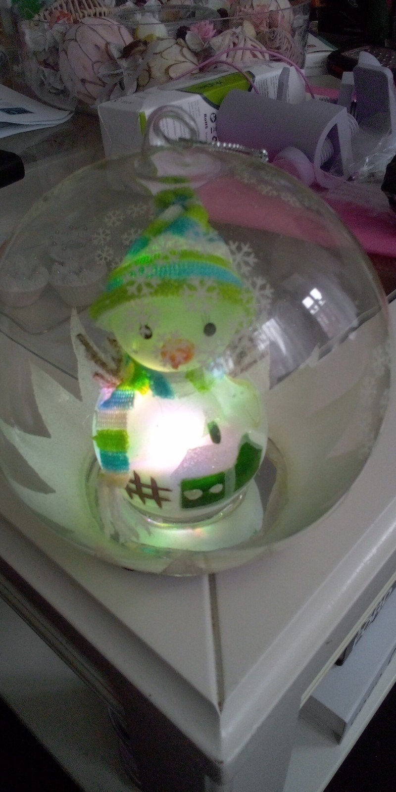 Lichtbol sneeuwpop 11 cm groen, Diversen, Kerst, Ophalen, Zo goed als nieuw