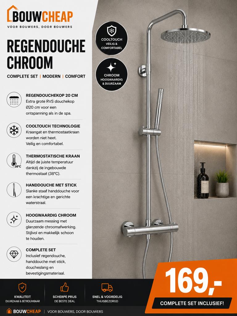 Luxe Regendouche Chroom - Complete Set met Thermostaatkraan, Doe-het-zelf en Verbouw, Sanitair, Nieuw, Douche, Chroom, Ophalen