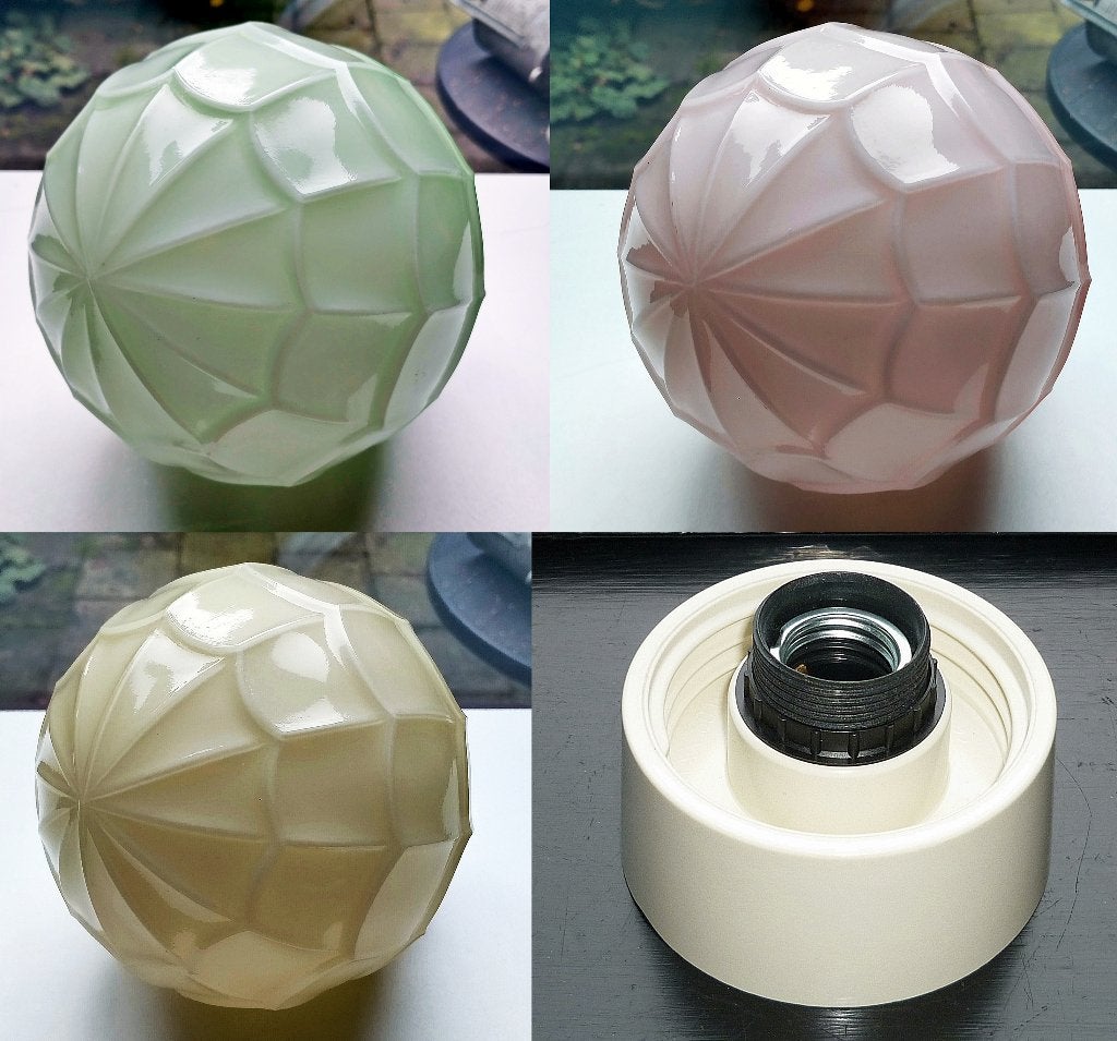 5x Antiek Glazen Thabur Lamp Bollamp Plafondlamp Zie Omschr, Plafondlamp, E27 (groot), Ophalen of Verzenden, Glas