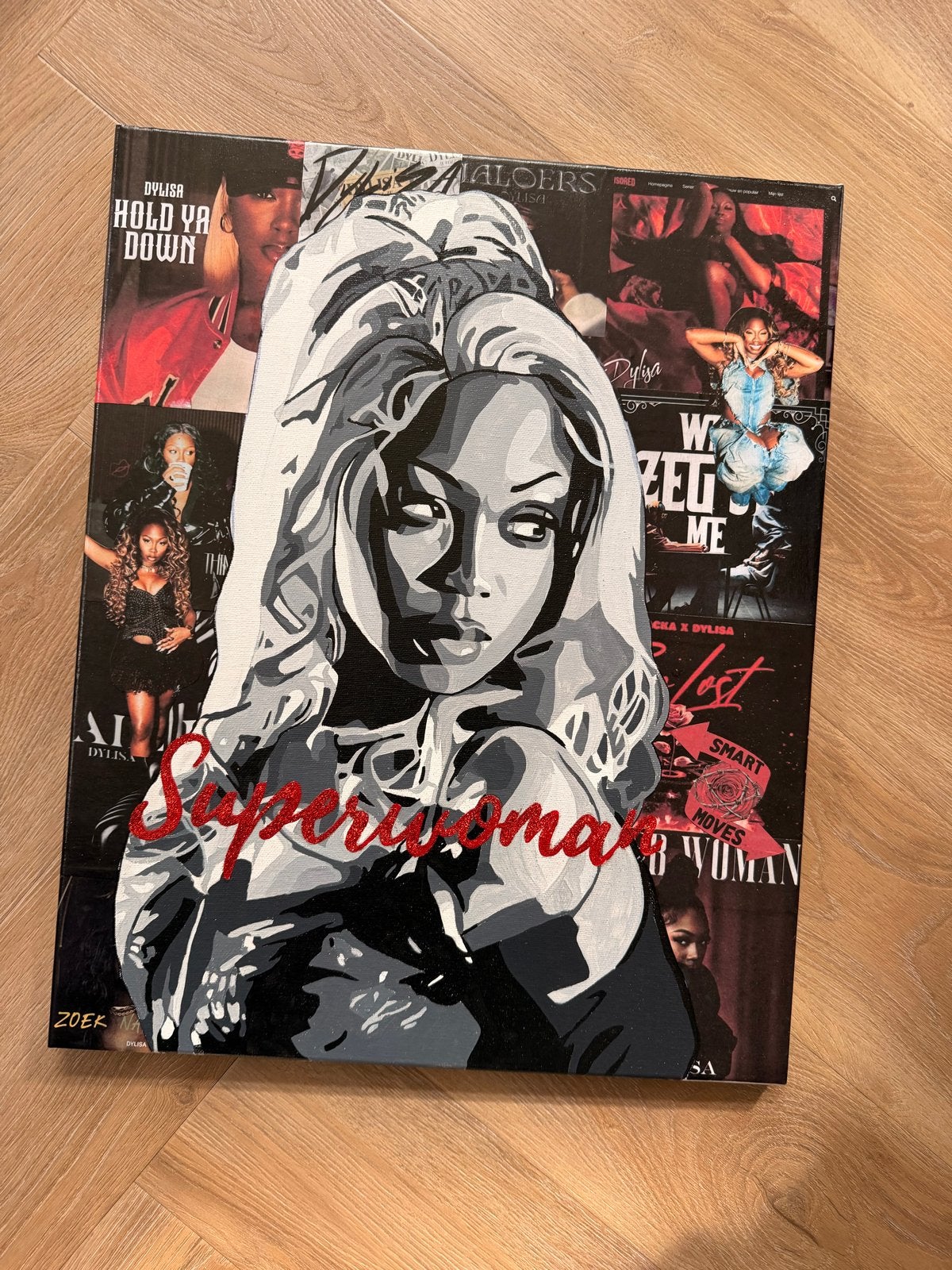 Dylisa Handgeschilderd Schilderij 40x50cm - Superwoman, Antiek en Kunst, Acrylverf, Handgeschilderd, Ophalen of Verzenden, Portret