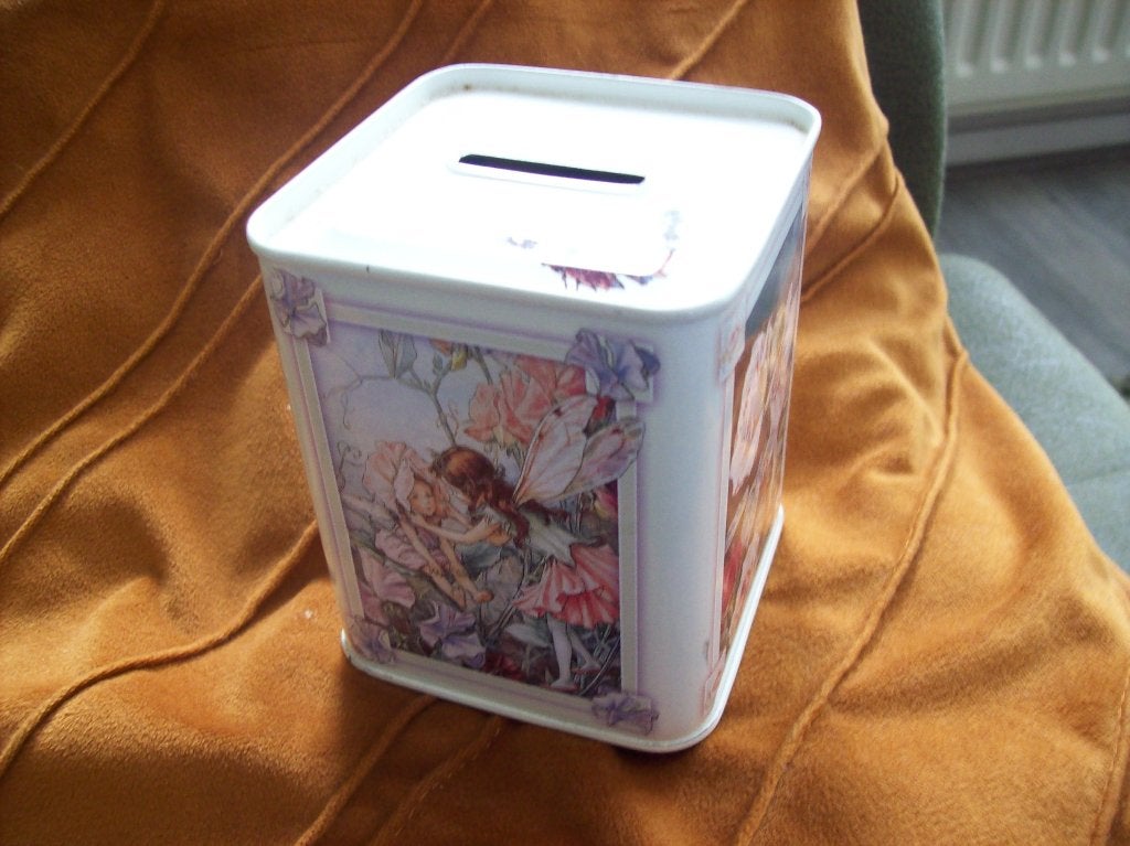 2006 flower fairies  blikken spaarpot 8x8x10.5hoog, Ophalen